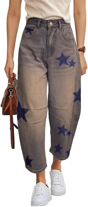 Barrel Jeans for Women Baggy Star Printed Horseshoe Jeans Mid Rise Wide Leg Cropped Ankle Denim Pants