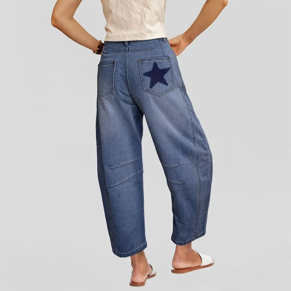 Barrel Jeans for Women Baggy Star Printed Horseshoe Jeans Mid Rise Wide Leg Cropped Ankle Denim Pants