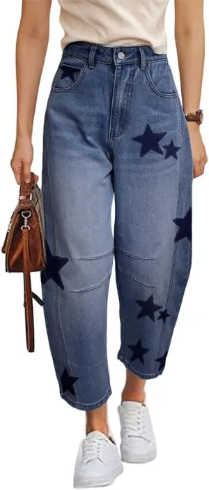 Barrel Jeans for Women Baggy Star Printed Horseshoe Jeans Mid Rise Wide Leg Cropped Ankle Denim Pants