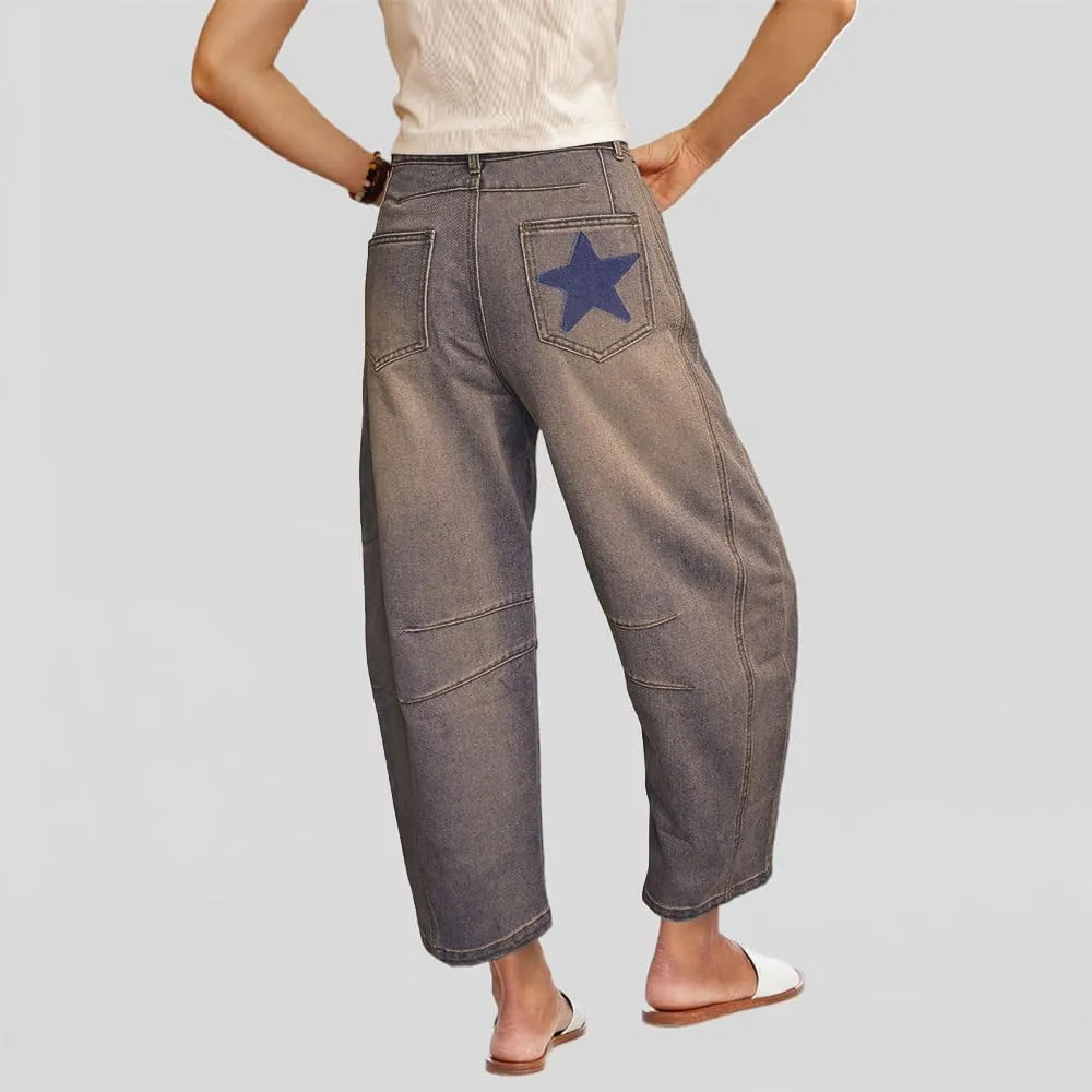 Barrel Jeans for Women Baggy Star Printed Horseshoe Jeans Mid Rise Wide Leg Cropped Ankle Denim Pants