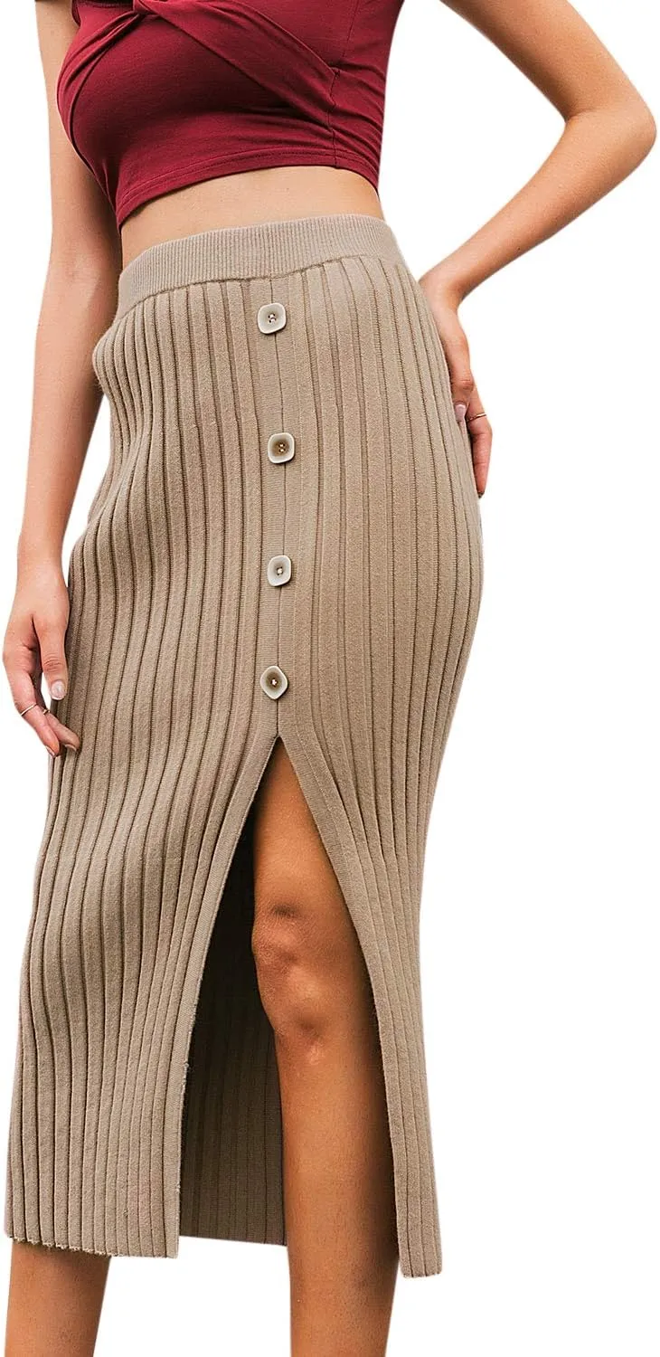 BerryGo Women's High Wiast Stretchy Ribbed Knit Skirt Pencil Midi Skirt with Slit