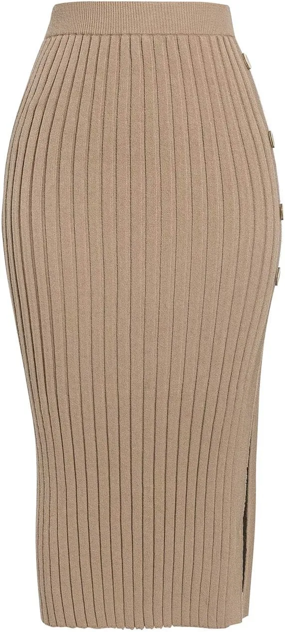BerryGo Women's High Wiast Stretchy Ribbed Knit Skirt Pencil Midi Skirt with Slit