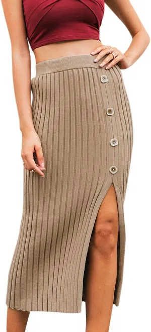 BerryGo Women's High Wiast Stretchy Ribbed Knit Skirt Pencil Midi Skirt with Slit