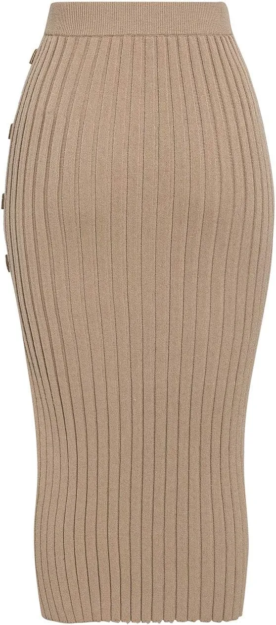BerryGo Women's High Wiast Stretchy Ribbed Knit Skirt Pencil Midi Skirt with Slit