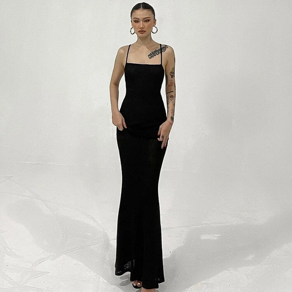 Black Elegant Temperament Long Dress For Women Sexy Spaghetti Straps