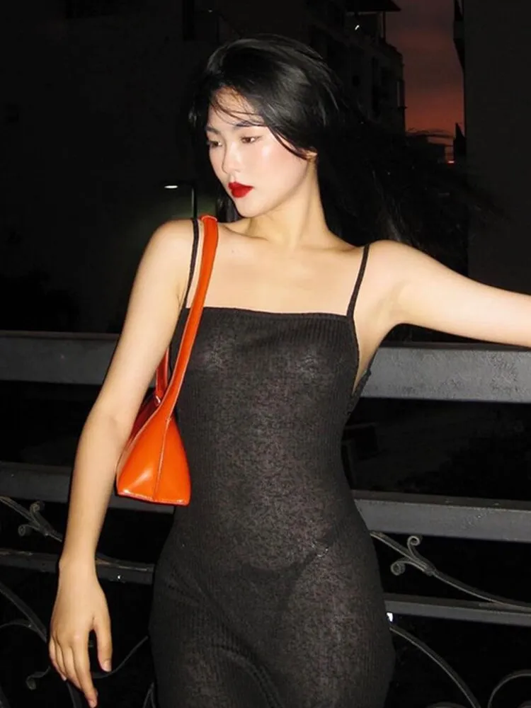Black Elegant Temperament Long Dress For Women Sexy Spaghetti Straps