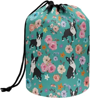 Boston Terrier Flower Print Women's Drawstring Makeup Bags Makeup Organizer Bag Barrel Cases Storage Multifunctional Toiletry Bag Travel Accessories