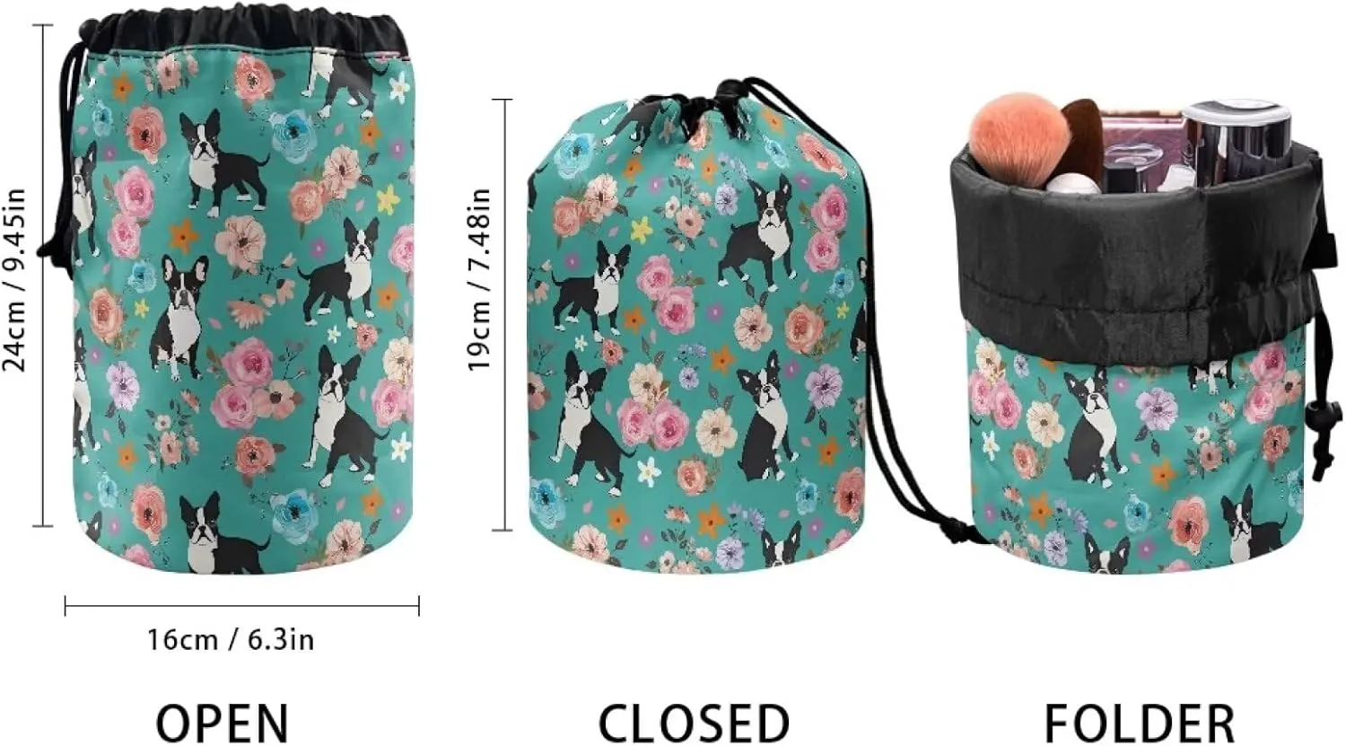 Boston Terrier Flower Print Women's Drawstring Makeup Bags Makeup Organizer Bag Barrel Cases Storage Multifunctional Toiletry Bag Travel Accessories