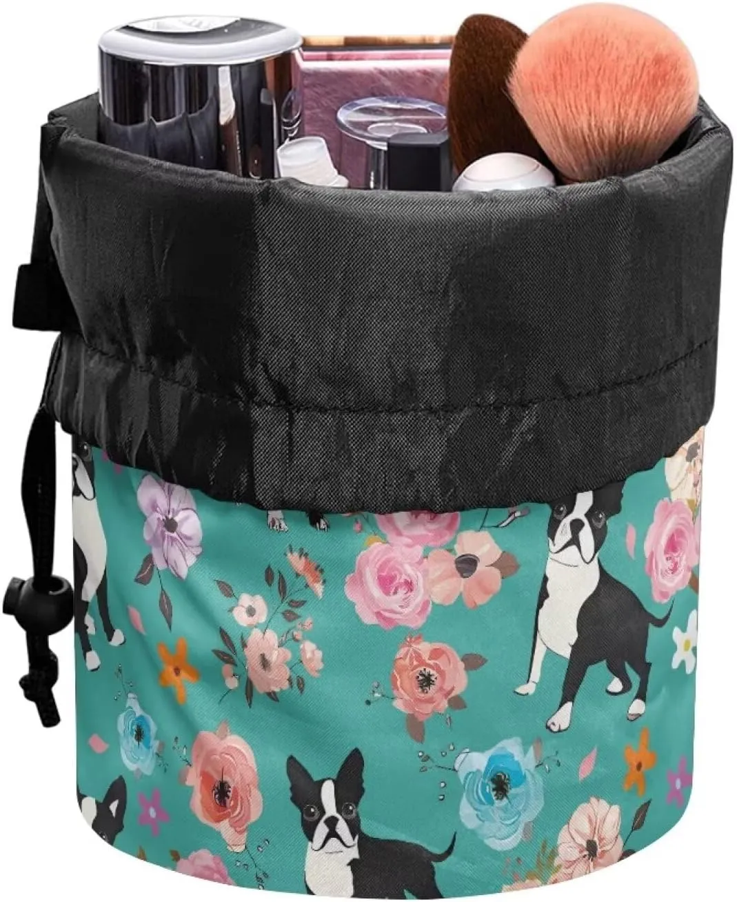 Boston Terrier Flower Print Women's Drawstring Makeup Bags Makeup Organizer Bag Barrel Cases Storage Multifunctional Toiletry Bag Travel Accessories