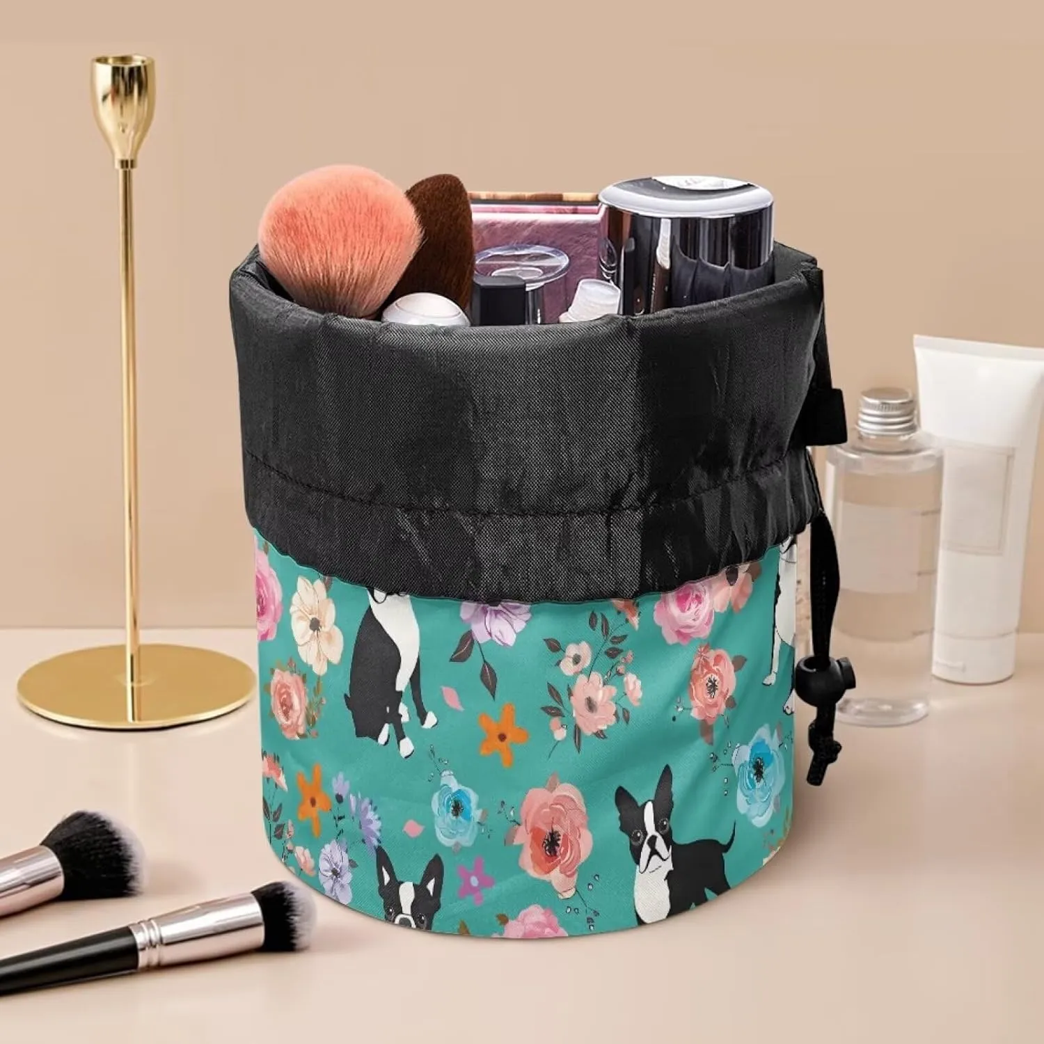 Boston Terrier Flower Print Women's Drawstring Makeup Bags Makeup Organizer Bag Barrel Cases Storage Multifunctional Toiletry Bag Travel Accessories