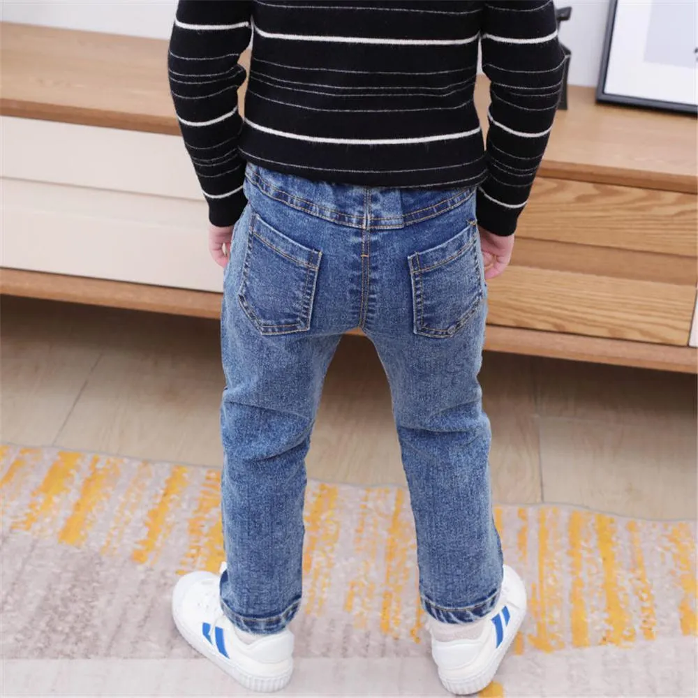 Boys Solid Color Pocket Elastic Waist Warm Jeans Wholesale Kids Jeans