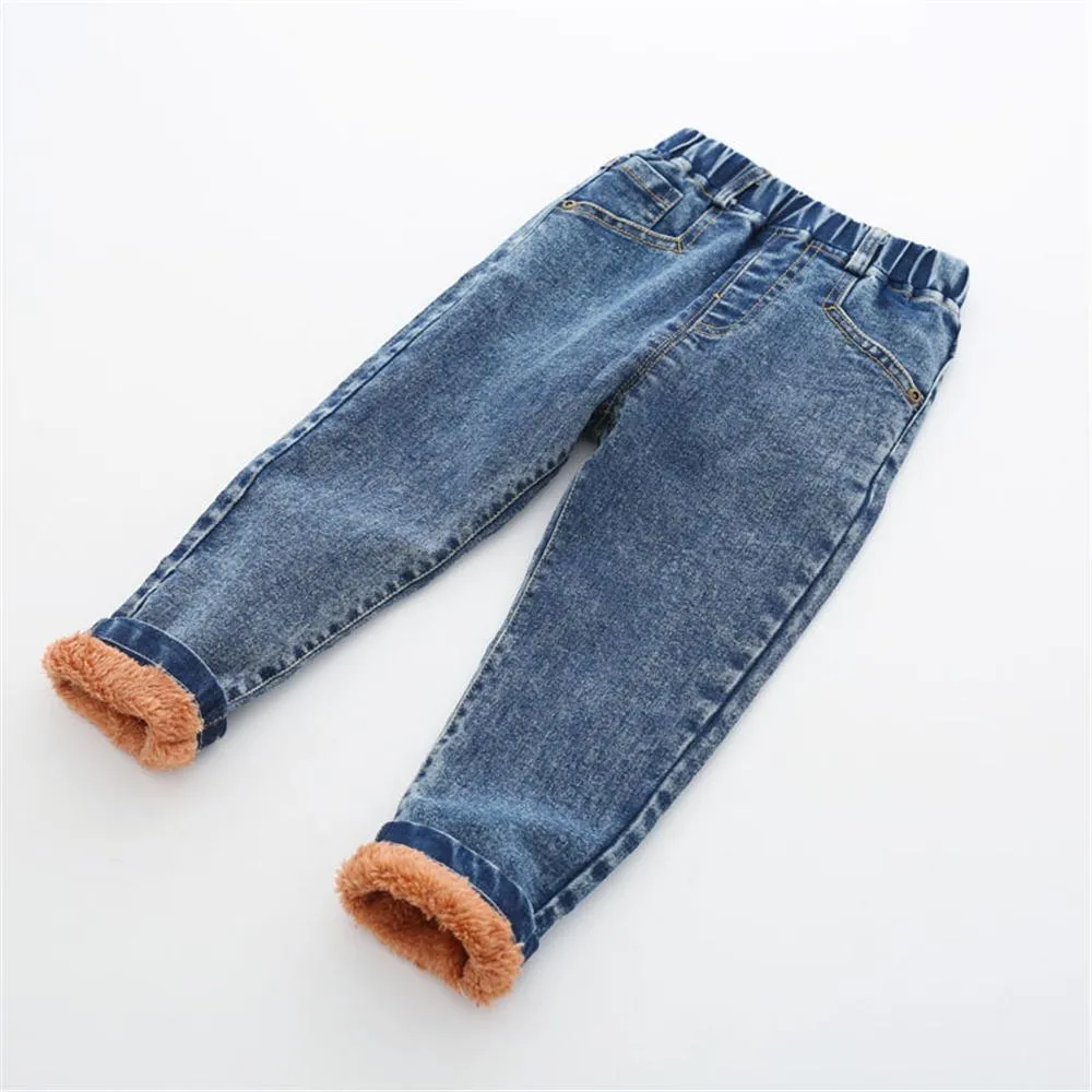 Boys Solid Color Pocket Elastic Waist Warm Jeans Wholesale Kids Jeans