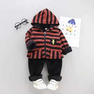 Boys Stripe Pattern Hooded Long Sleeves Top & Pants Boys Casual Suits