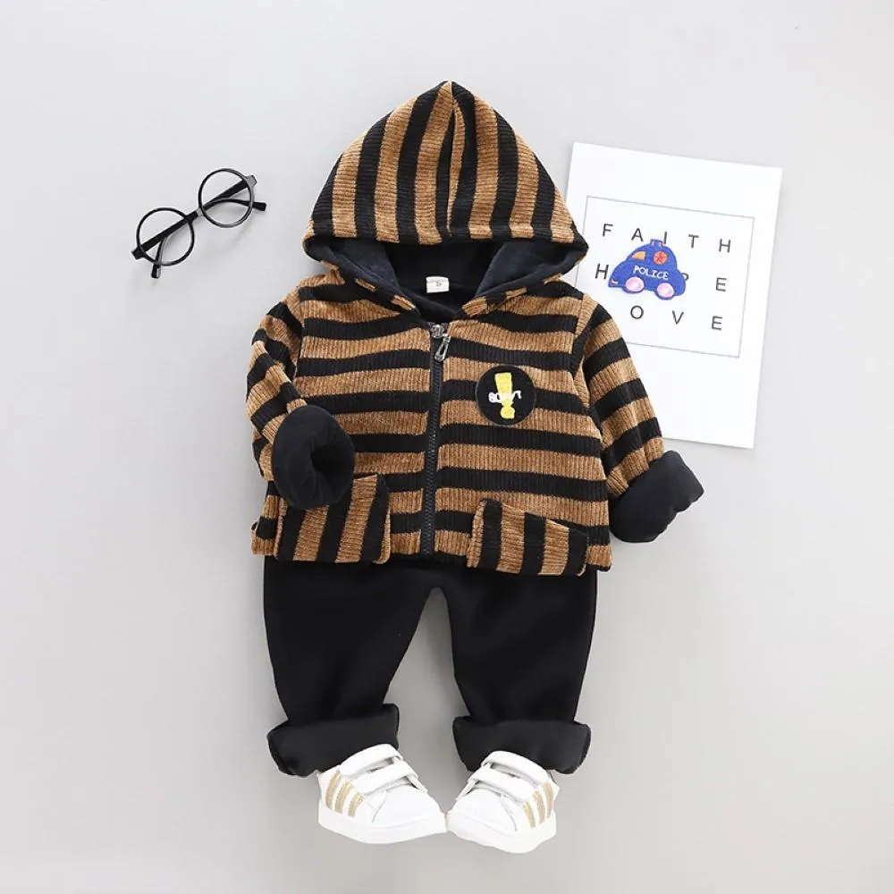 Boys Stripe Pattern Hooded Long Sleeves Top & Pants Boys Casual Suits