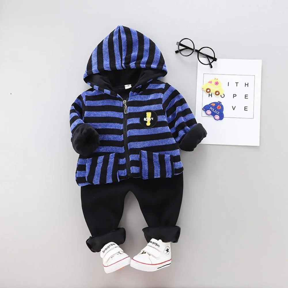 Boys Stripe Pattern Hooded Long Sleeves Top & Pants Boys Casual Suits