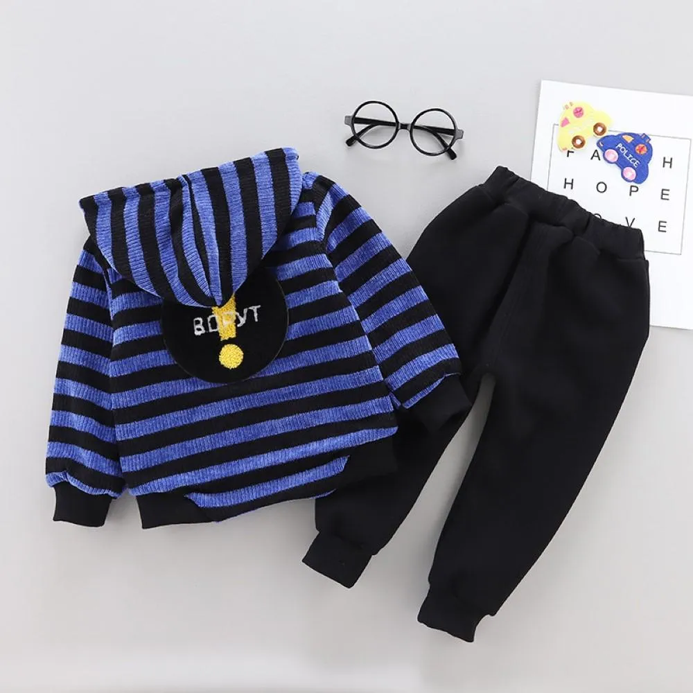 Boys Stripe Pattern Hooded Long Sleeves Top & Pants Boys Casual Suits