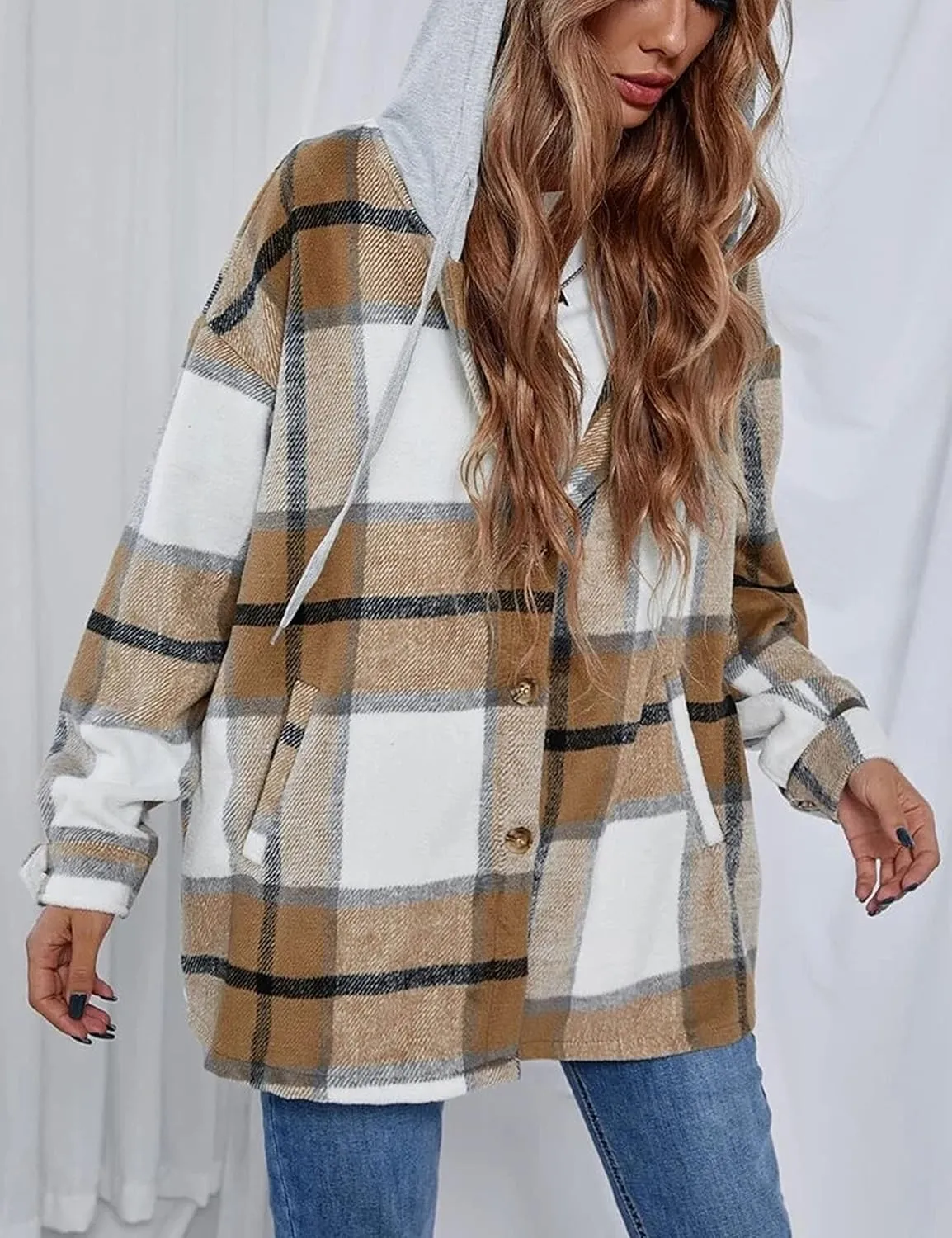 Bozanly Women's Oversized Flannel Plaid Shacket Jacket with Hood Long Sleeve Button Down Shirts Hoodie