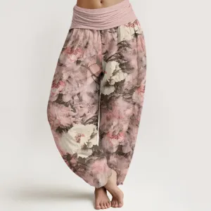 Buddha Stones Casual Elegant Peony Flowers Women's Elastic Waist Harem Pants