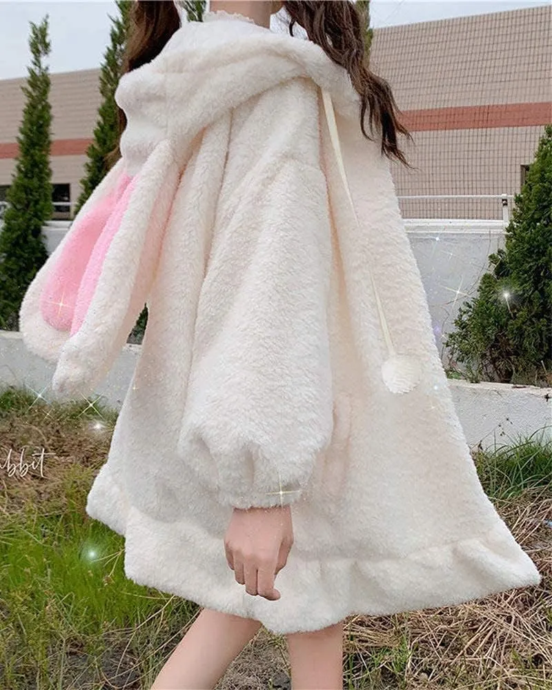 BZB Kawaii Anime Bunny Ear Hoodies For Women Sweet Lovely Fuzzy Fluffy Rabbit Sweater Tops Cosplay Jacket Coats
