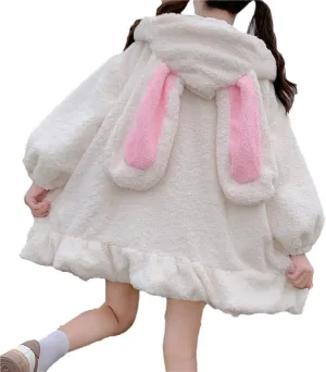 BZB Kawaii Anime Bunny Ear Hoodies For Women Sweet Lovely Fuzzy Fluffy Rabbit Sweater Tops Cosplay Jacket Coats