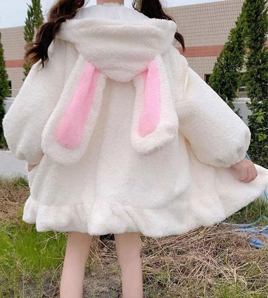 BZB Kawaii Anime Bunny Ear Hoodies For Women Sweet Lovely Fuzzy Fluffy Rabbit Sweater Tops Cosplay Jacket Coats
