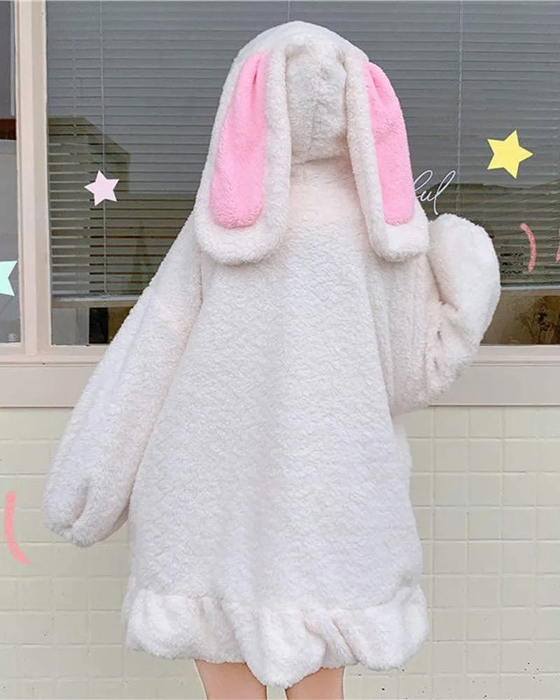 BZB Kawaii Anime Bunny Ear Hoodies For Women Sweet Lovely Fuzzy Fluffy Rabbit Sweater Tops Cosplay Jacket Coats