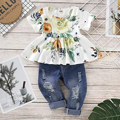 CARETOO Girls Clothes Outfits, Cute Baby Girl Floral Long Sleeve Pant Set Flower Ruffle Top (Green-2, 2-3T)