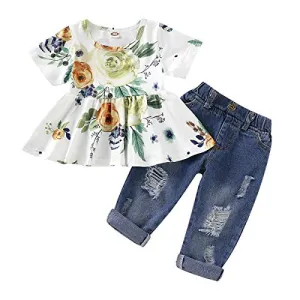 CARETOO Girls Clothes Outfits, Cute Baby Girl Floral Long Sleeve Pant Set Flower Ruffle Top (Green-2, 2-3T)