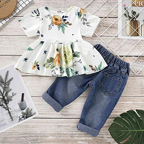 CARETOO Girls Clothes Outfits, Cute Baby Girl Floral Long Sleeve Pant Set Flower Ruffle Top (Green-2, 2-3T)