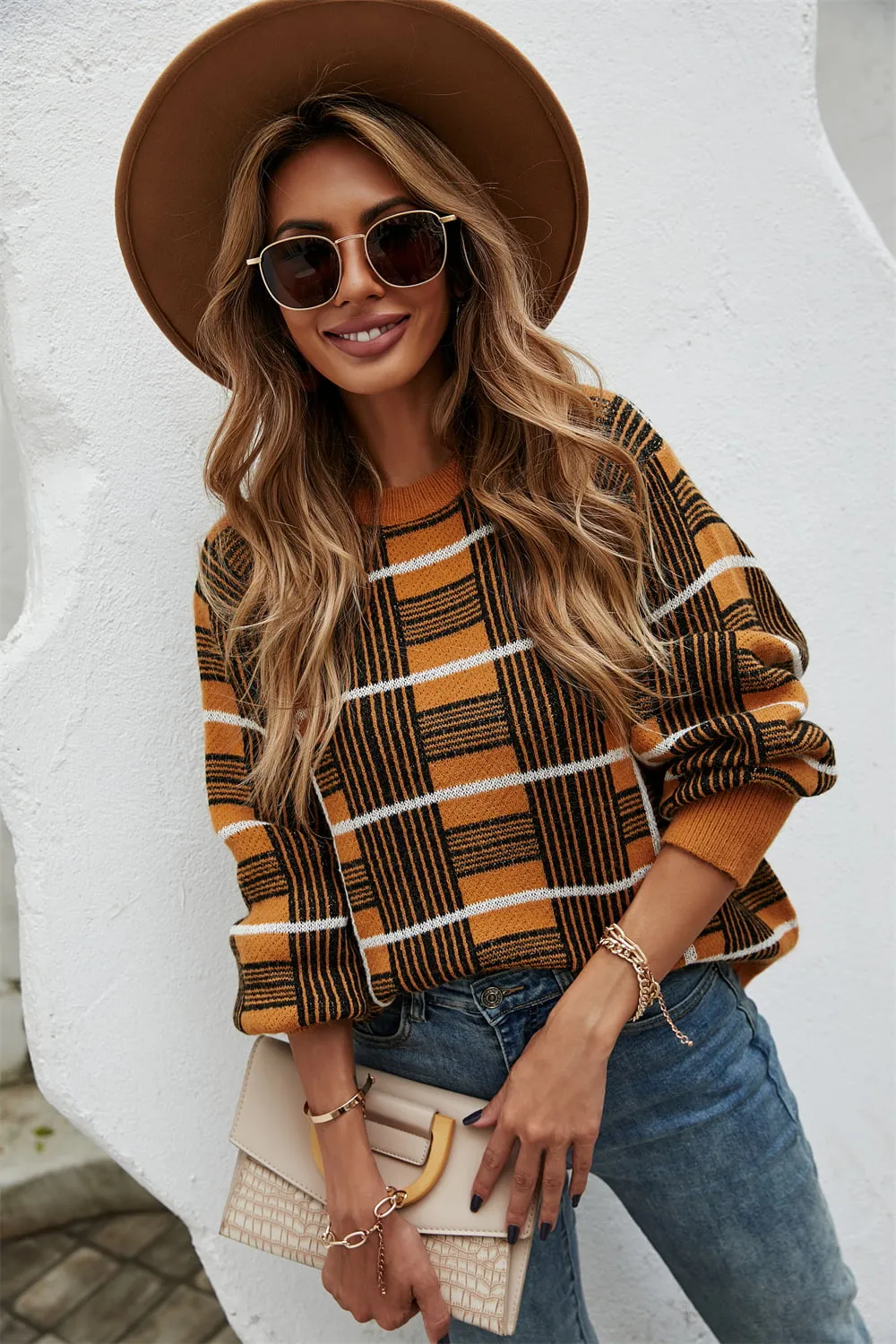 Casual Chic Block Printed Round Neck Dropped Shoulder Sweater