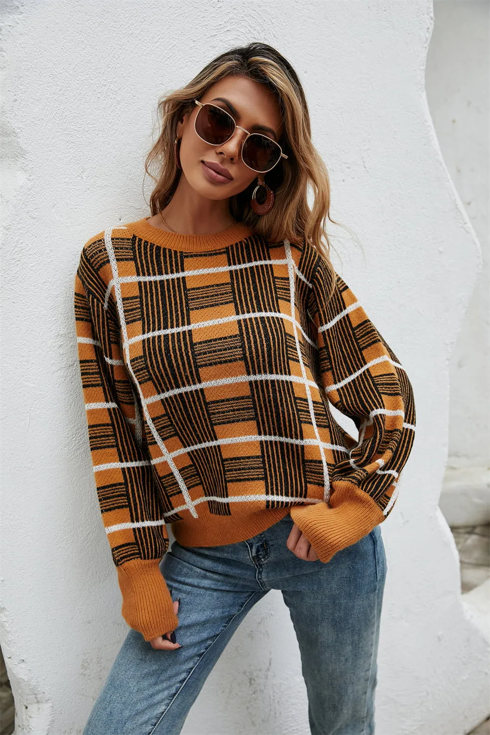 Casual Chic Block Printed Round Neck Dropped Shoulder Sweater