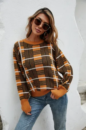 Casual Chic Block Printed Round Neck Dropped Shoulder Sweater