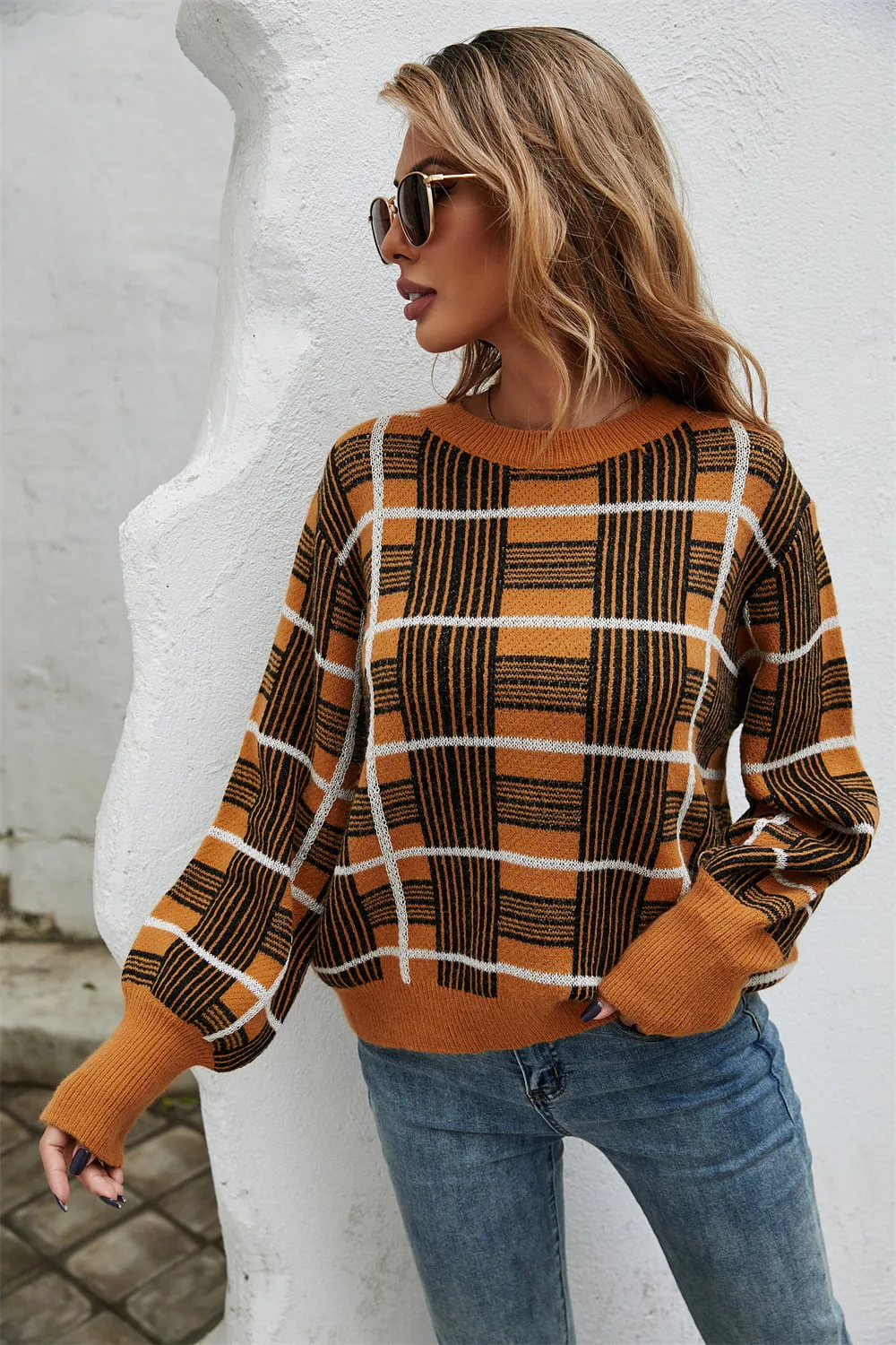 Casual Chic Block Printed Round Neck Dropped Shoulder Sweater