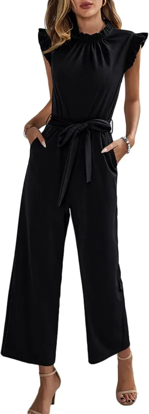 CHARTOU Women's Elegant Work Office Pleated Wide Leg Pants Jumpsuit with Pockets Romper Outfits