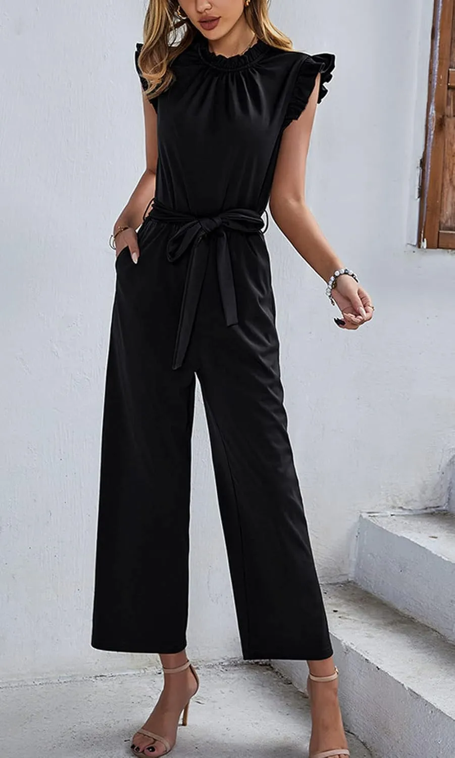 CHARTOU Women's Elegant Work Office Pleated Wide Leg Pants Jumpsuit with Pockets Romper Outfits