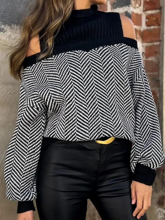 Chic Off-Shoulder Striped Knit Sweater