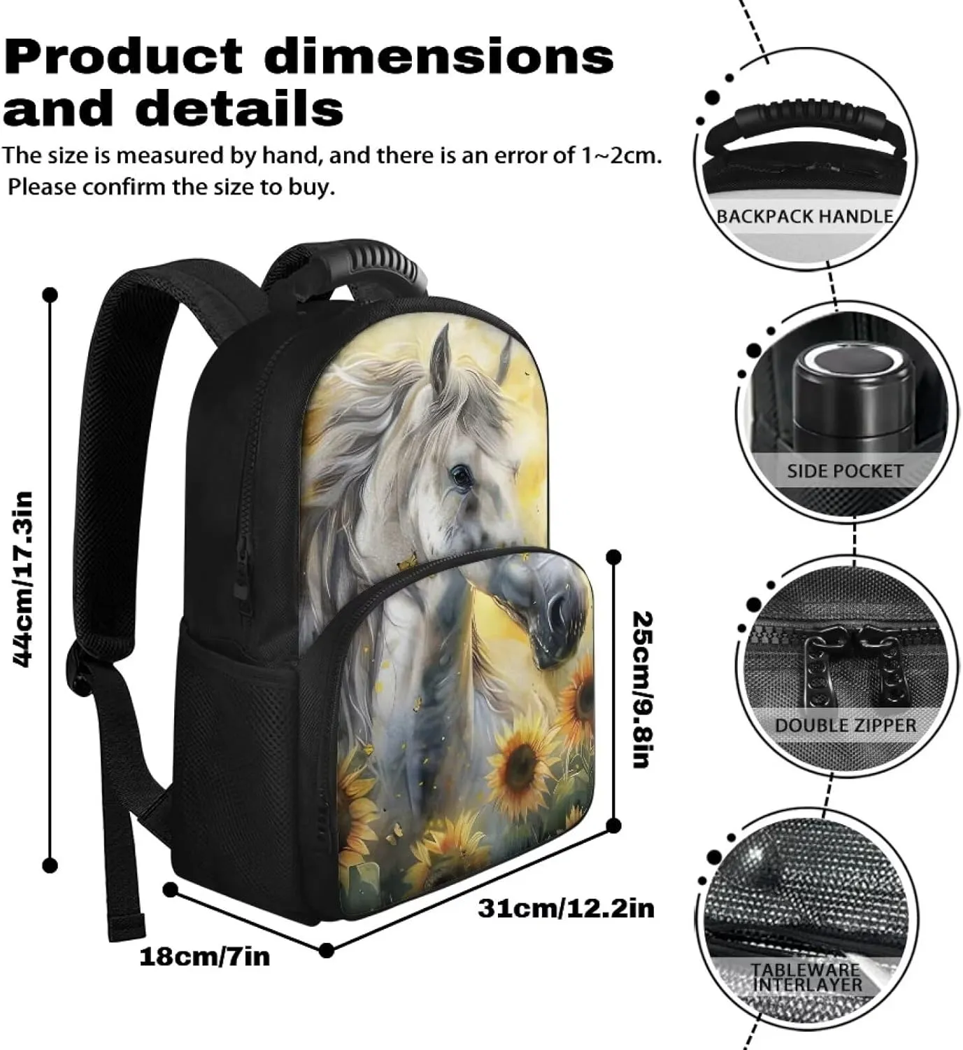 COEQINE Horses Backpack And Lunch Box Compartment Girls Sunflower Animal Bookbag Laptop Backpack Keep Food Warm And Cold