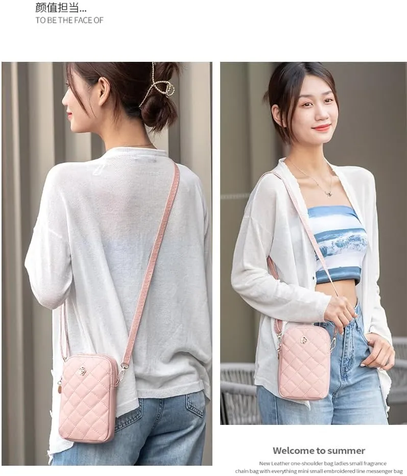 Cute Quilted Phone Crossbody Shoulder Purse with Exquisite Stitching Comfortable PU Leather Cellphone Wallet Bag