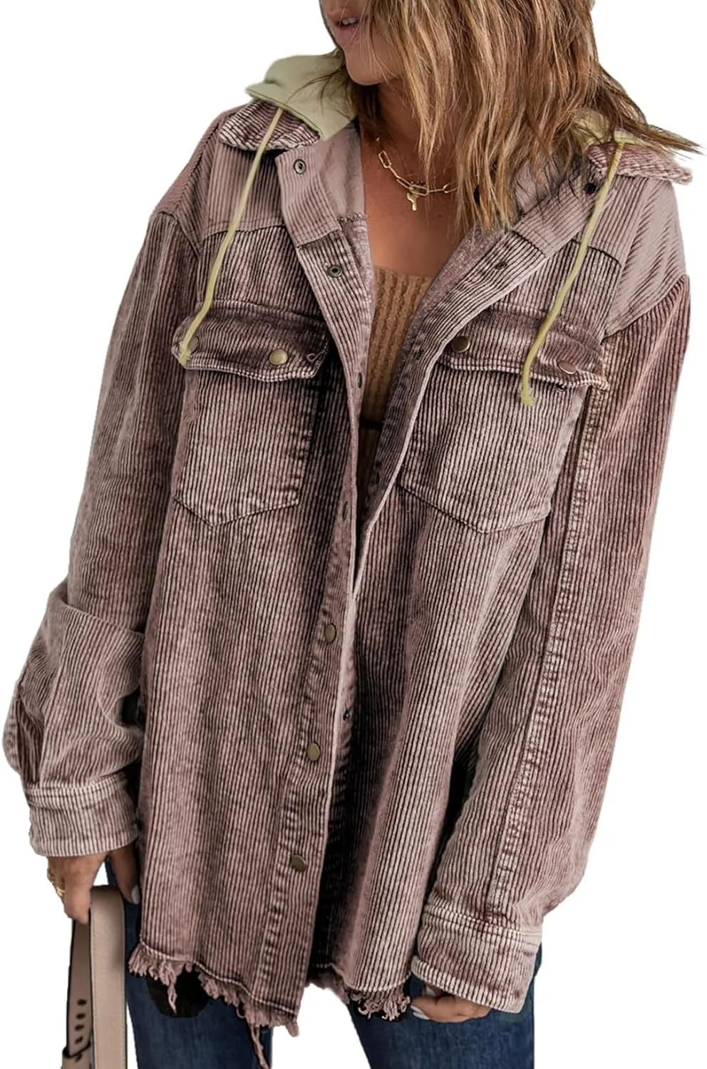 Dokotoo Womens 2024 Fall Corduroy Shacket Jacket Long Sleeve Button Down Color Block Hooded Coat with Pockets