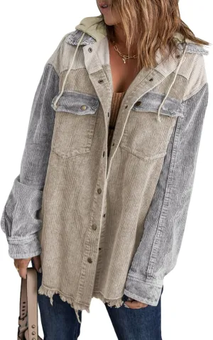 Dokotoo Womens 2024 Fall Corduroy Shacket Jacket Long Sleeve Button Down Color Block Hooded Coat with Pockets