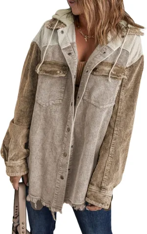 Dokotoo Womens 2024 Fall Corduroy Shacket Jacket Long Sleeve Button Down Color Block Hooded Coat with Pockets