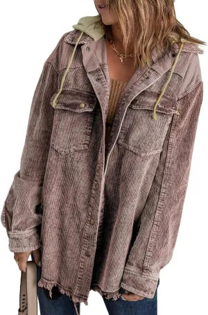 Dokotoo Womens 2024 Fall Corduroy Shacket Jacket Long Sleeve Button Down Color Block Hooded Coat with Pockets