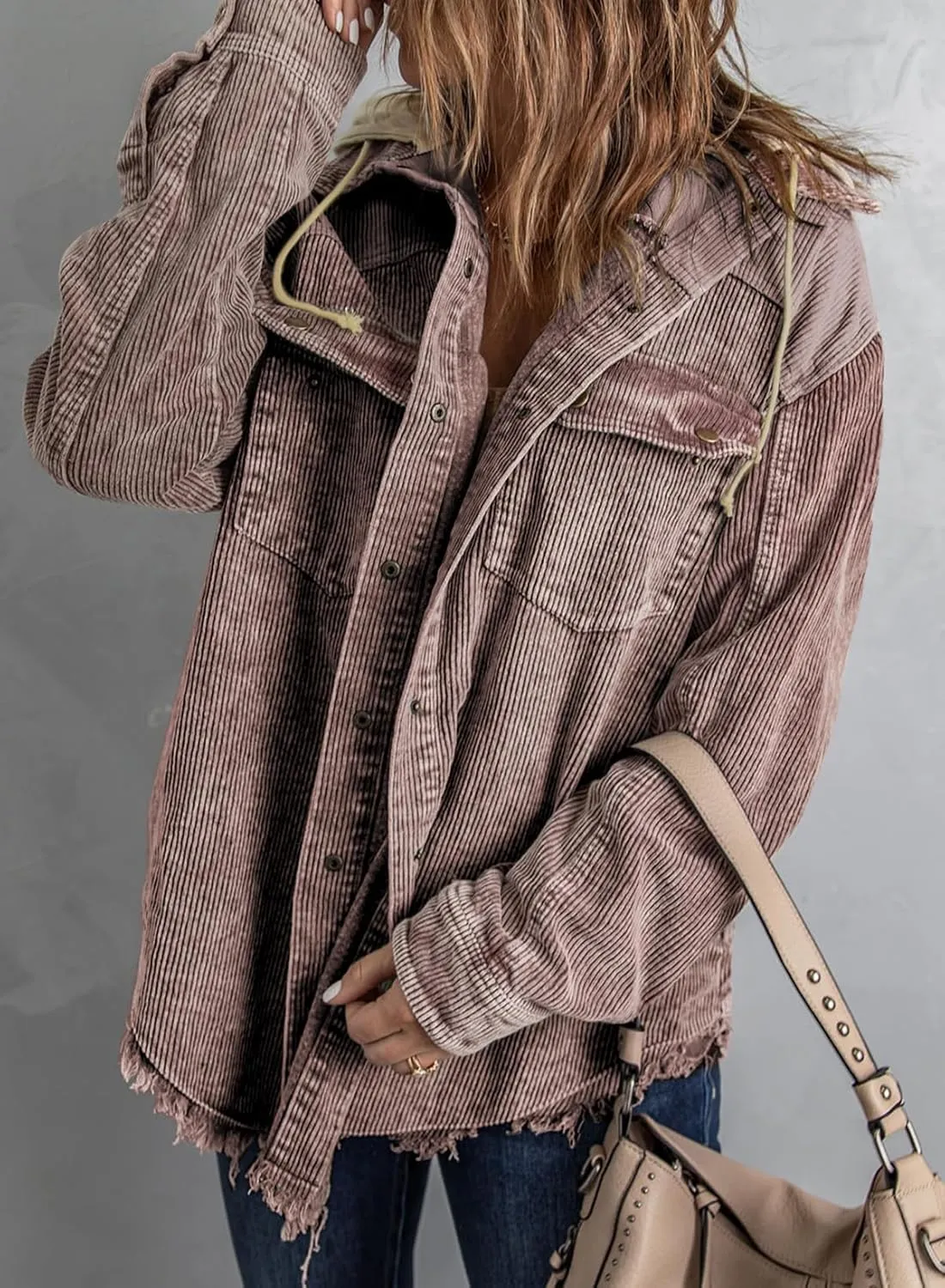 Dokotoo Womens 2024 Fall Corduroy Shacket Jacket Long Sleeve Button Down Color Block Hooded Coat with Pockets