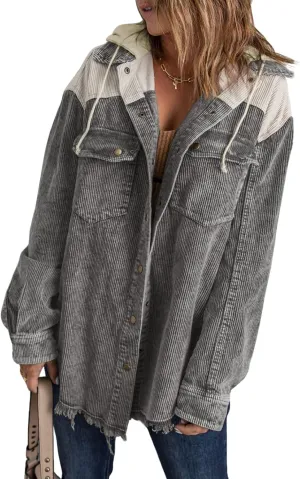 Dokotoo Womens 2024 Fall Corduroy Shacket Jacket Long Sleeve Button Down Color Block Hooded Coat with Pockets