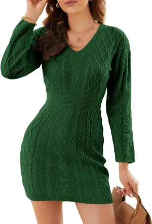 Dokotoo Women's 2024 Fall Sweater Dress Long Sleeve V Neck Cable Knit Chunky Bodycon Pullover Jumper Sweaters