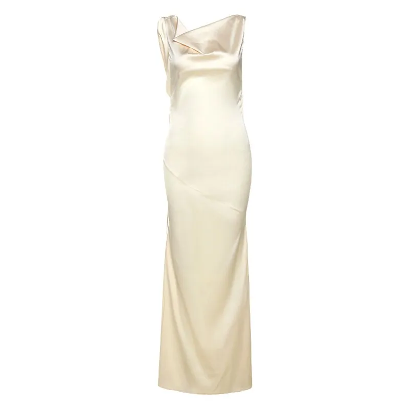 Dress Women Satin Solid Sexy Sleeveless Cutout Open Back Sling Maxi Dress Elegant Design Female Cocktail Party Dress