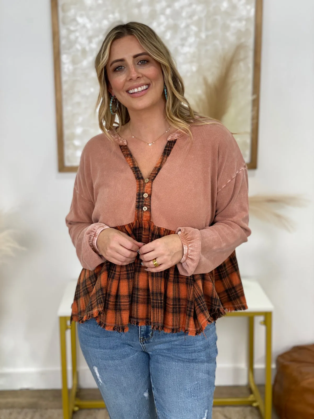 Easel Plaid Print Contrast Thermal Babydoll Top