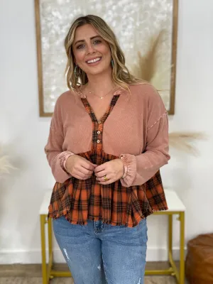Easel Plaid Print Contrast Thermal Babydoll Top