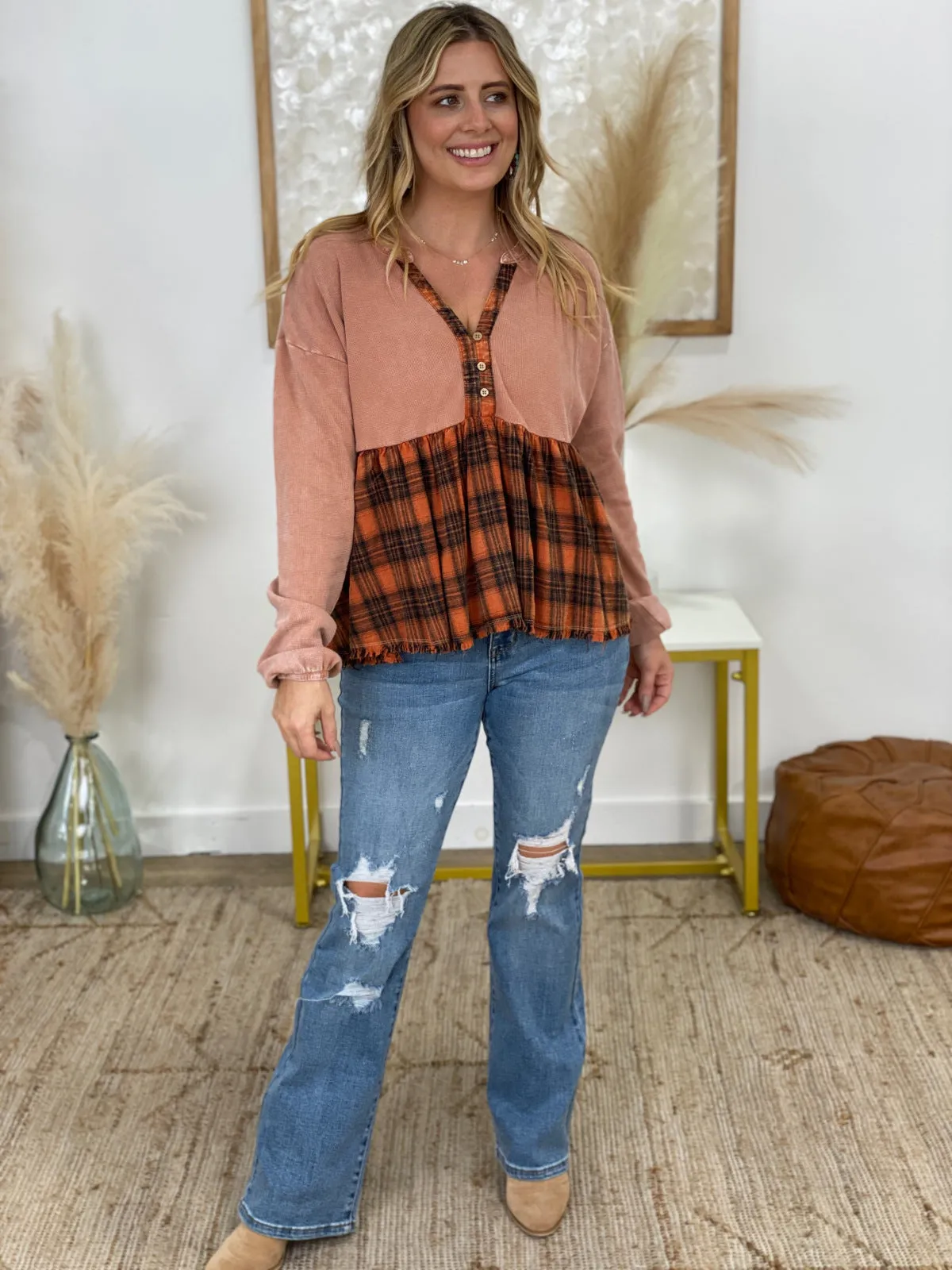 Easel Plaid Print Contrast Thermal Babydoll Top