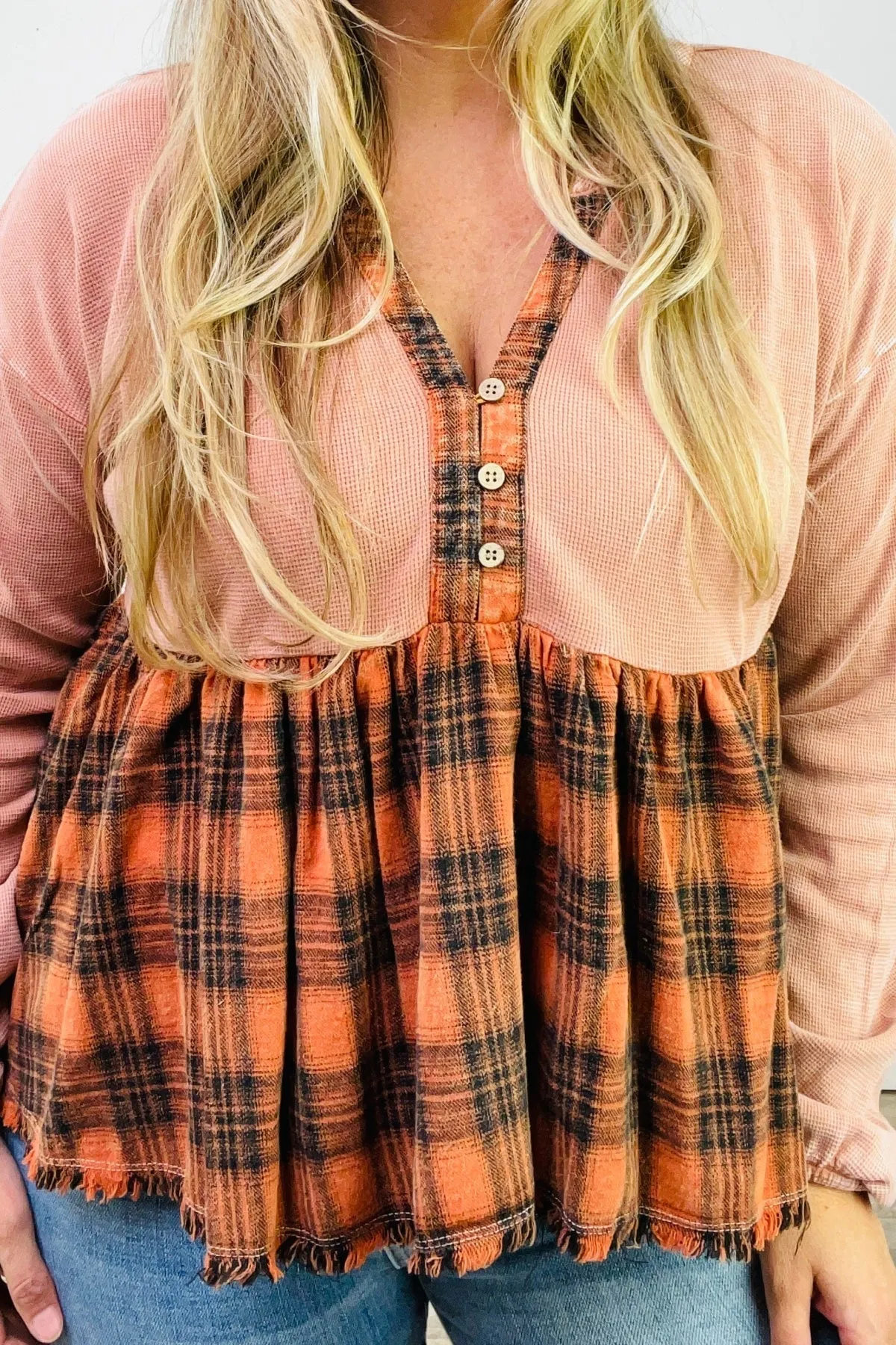 Easel Plaid Print Contrast Thermal Babydoll Top